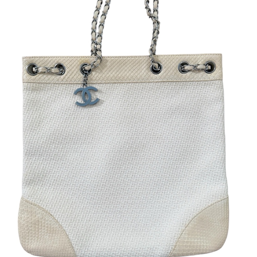 Chanel Limited Edition White Tweed & Beige Python Leather Trim Tote Bag